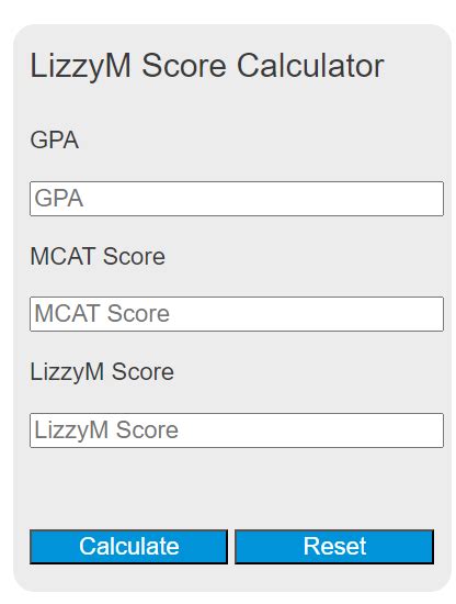 Lizzym calculator - About the LizzyM Score. LizzyM, SDN Moderator and medical school admissions committee member, is the inventor of the LizzyM Score. The score allows you to see if you are a competitive applicant at a given school. If your LizzyM Score is far below or above the average, you may not be a good fit. If your score is far below, your application may ... 